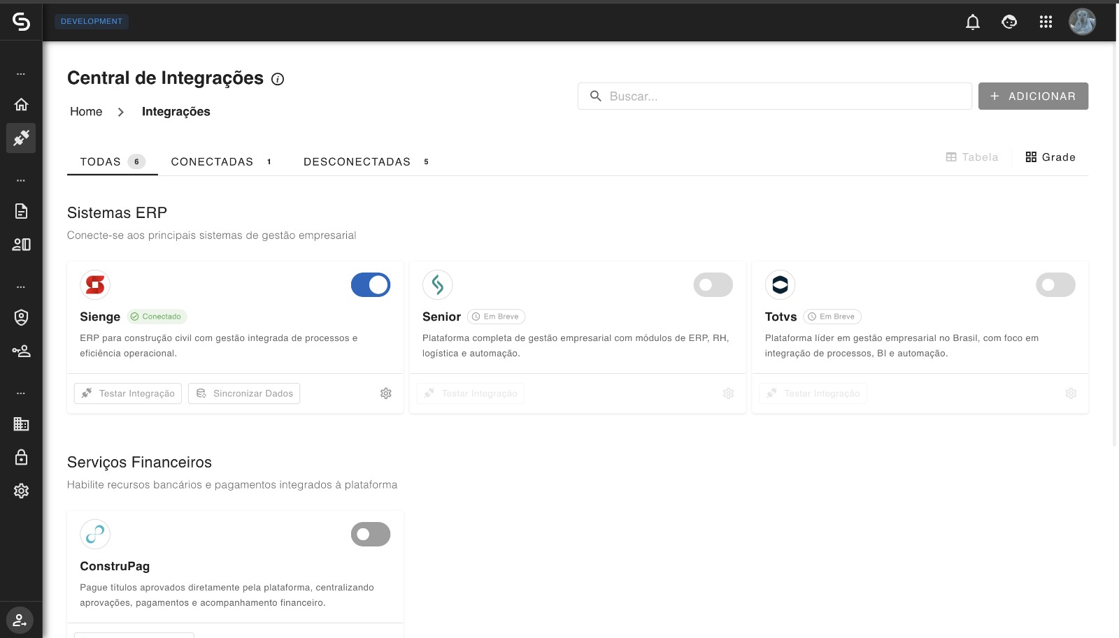 Tela do produto no desktop — Integração (Central de Integrações)